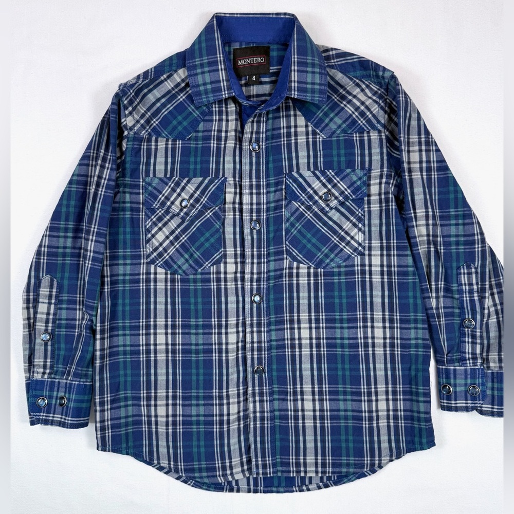 MONTERO JEANS Vintage-Inspired Boys' Blue Plaid Pearl Snap Button Down Flannel 4